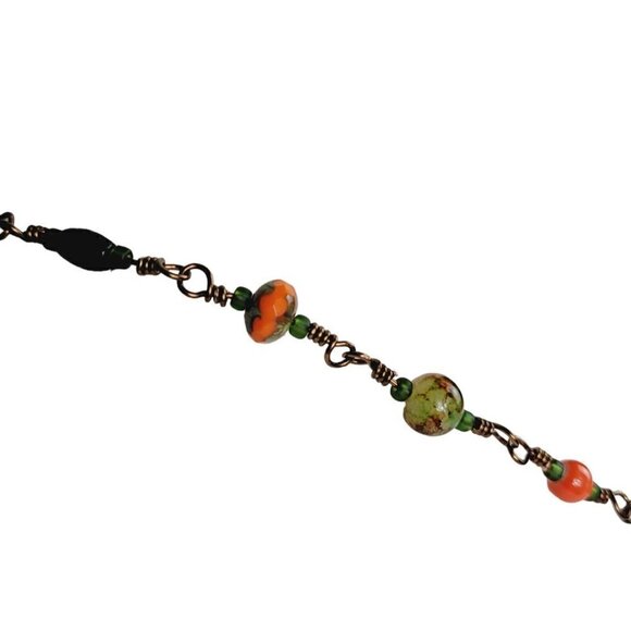Artisan Army Olive Green Orange Glass Beaded Necklace Tassel Drop Fall Inspired - Picture 5 of 6
